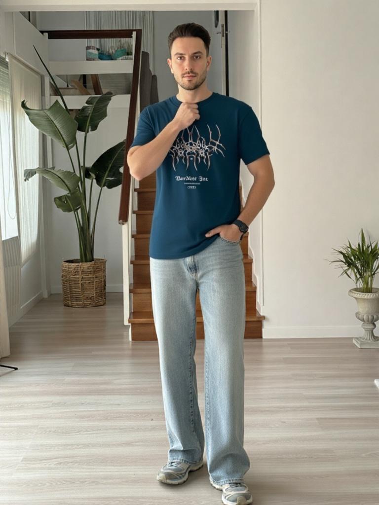 GenZudio “Warbiere Inc.” Metalcore Abstract Spine Graphic Oversized T-Shirt for Men – Navy Blue