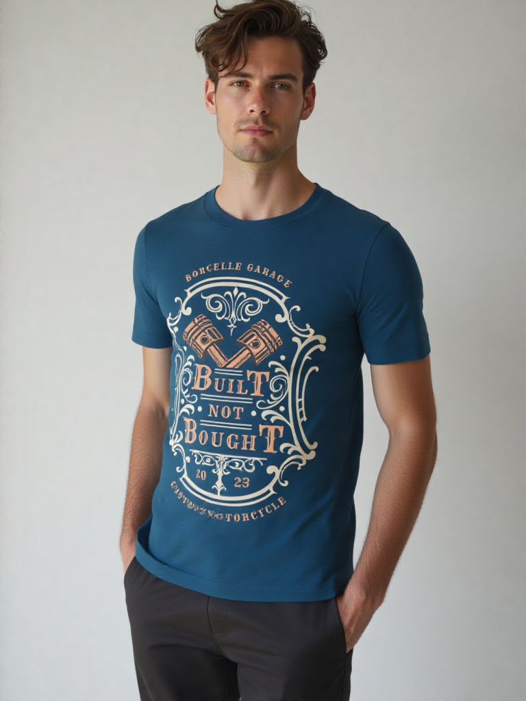 GenZudio “Built Not Bought” Vintage Biker Graphic Men’s T-Shirt – Steel Blue