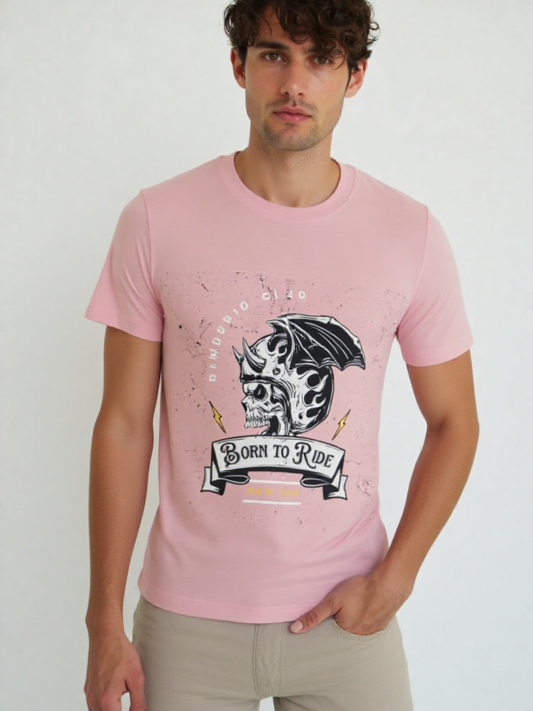 GenZudio “Born to Ride” Skull Rider Graphic Men’s T-Shirt – Pastel Dusty