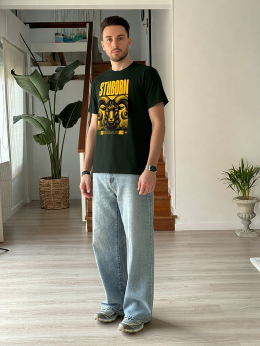 GenZudio “Stubborn Aries” Premium Oversized Zodiac Graphic Tee – Bottle Green