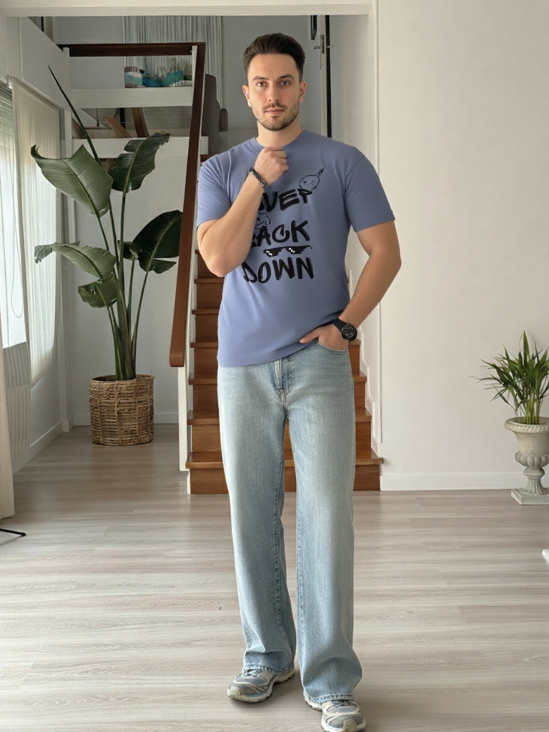 GenZudio “Never Back Down” Doodle Graphic Oversized T-Shirt for Men – Steel Grey