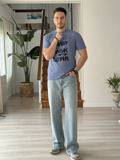 GenZudio “Never Back Down” Doodle Graphic Oversized T-Shirt for Men – Steel Grey