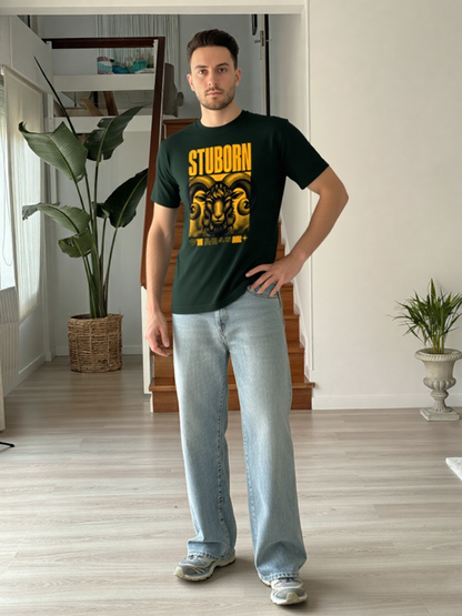 GenZudio “Stubborn Aries” Premium Oversized Zodiac Graphic Tee – Bottle Green