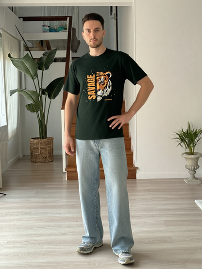 GenZudio “Savage Tiger” Half-Face Graphic Oversized T-Shirt for Men – Bottle Green