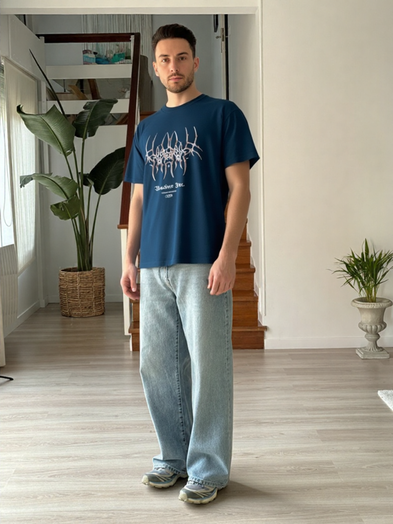 GenZudio “Warbiere Inc.” Metalcore Abstract Spine Graphic Oversized T-Shirt for Men – Navy Blue