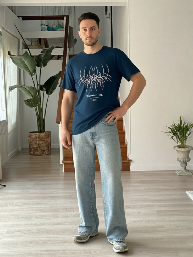 GenZudio “Warbiere Inc.” Metalcore Abstract Spine Graphic Oversized T-Shirt for Men – Navy Blue