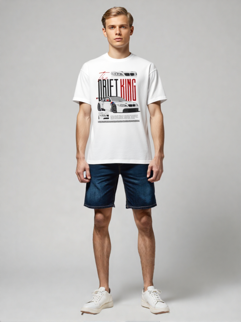 GenZudio “The Drift King” Sports Car Graphic Oversized T-Shirt for Men – White
