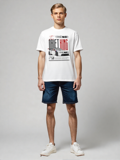GenZudio “The Drift King” Sports Car Graphic Oversized T-Shirt for Men – White