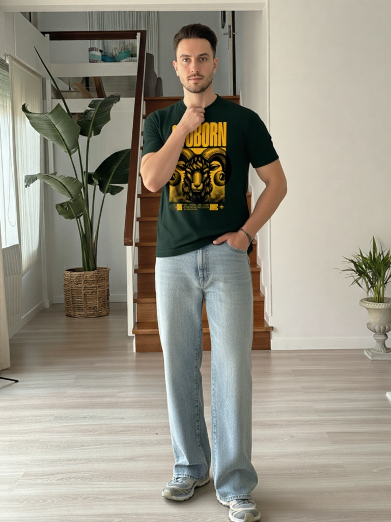 GenZudio “Stubborn Aries” Premium Oversized Zodiac Graphic Tee – Bottle Green