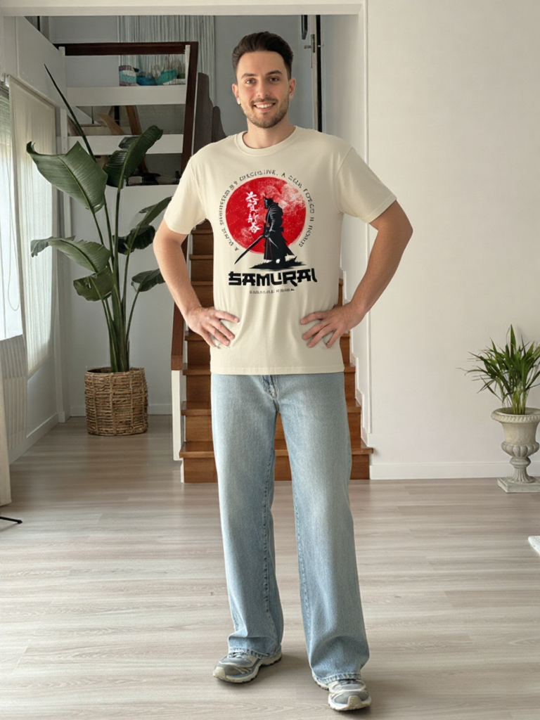 GenZudio “Samurai Spirit” Japanese Warrior Graphic Oversized T-Shirt for Men – Off White
