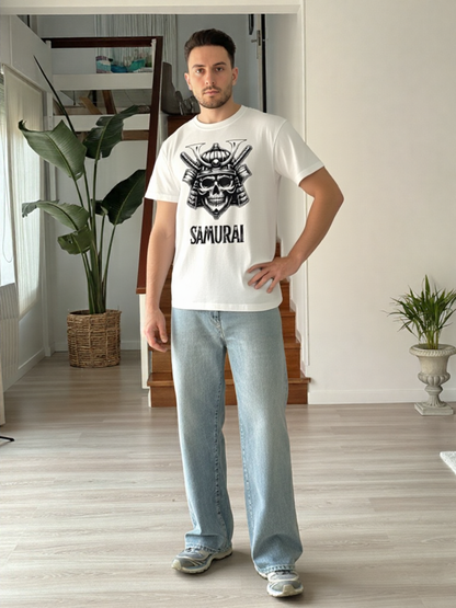 GenZudio “Samurai Skull” Premium Oversized Graphic Tee – White
