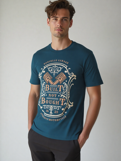 GenZudio “Built Not Bought” Vintage Biker Graphic Men’s T-Shirt – Steel Blue