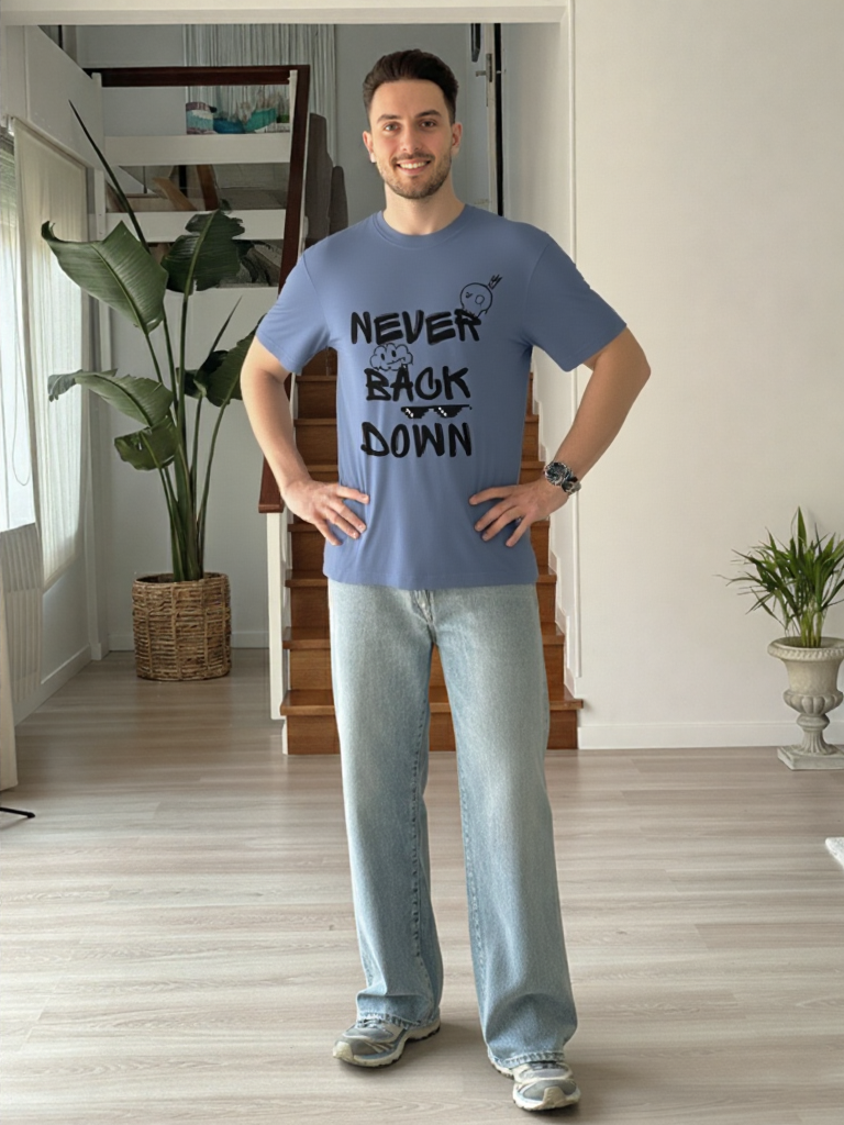 GenZudio “Never Back Down” Doodle Graphic Oversized T-Shirt for Men – Steel Grey