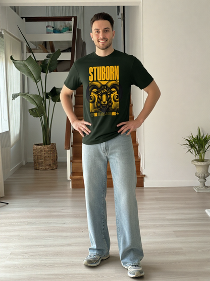 GenZudio “Stubborn Aries” Premium Oversized Zodiac Graphic Tee – Bottle Green