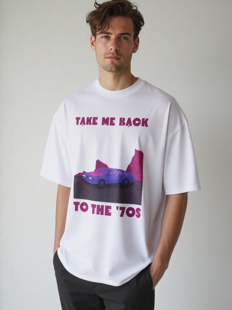 GenZudio “Take Me Back to the ’70s” Retro Car Graphic Oversized T-Shirt for Men – White