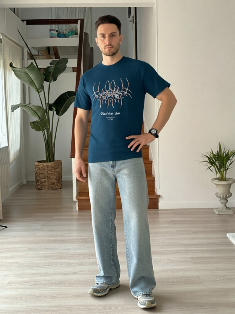 GenZudio “Warbiere Inc.” Metalcore Abstract Spine Graphic Oversized T-Shirt for Men – Navy Blue