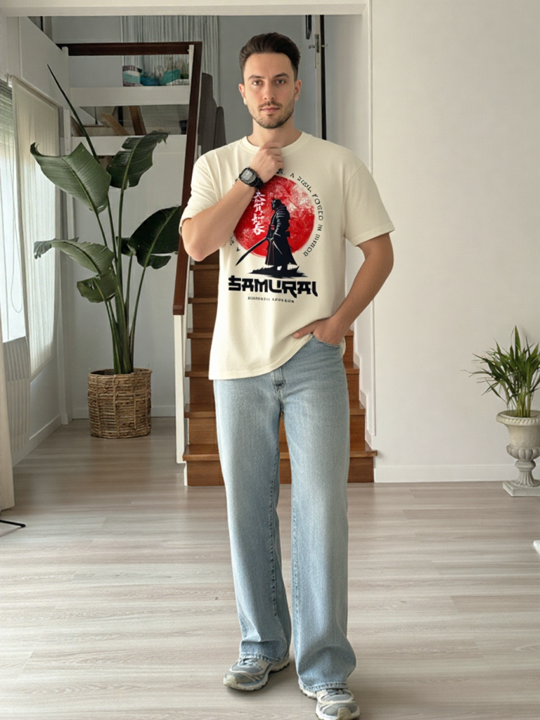 GenZudio “Samurai Spirit” Japanese Warrior Graphic Oversized T-Shirt for Men – Off White