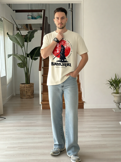 GenZudio “Samurai Spirit” Japanese Warrior Graphic Oversized T-Shirt for Men – Off White