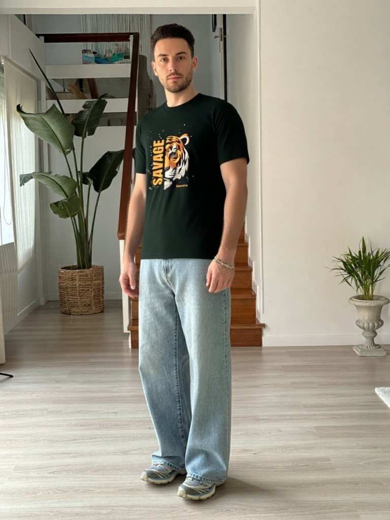 GenZudio “Savage Tiger” Half-Face Graphic Oversized T-Shirt for Men – Bottle Green