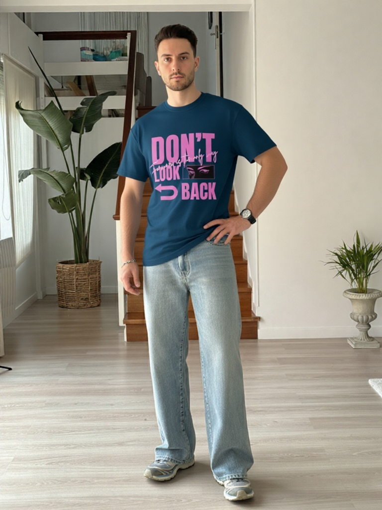 GenZudio “Don’t Look Back” Neon Pink Typography Oversized T-Shirt for Men – Navy Blue