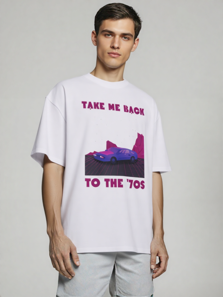 GenZudio “Take Me Back to the ’70s” Retro Car Graphic Oversized T-Shirt for Men – White