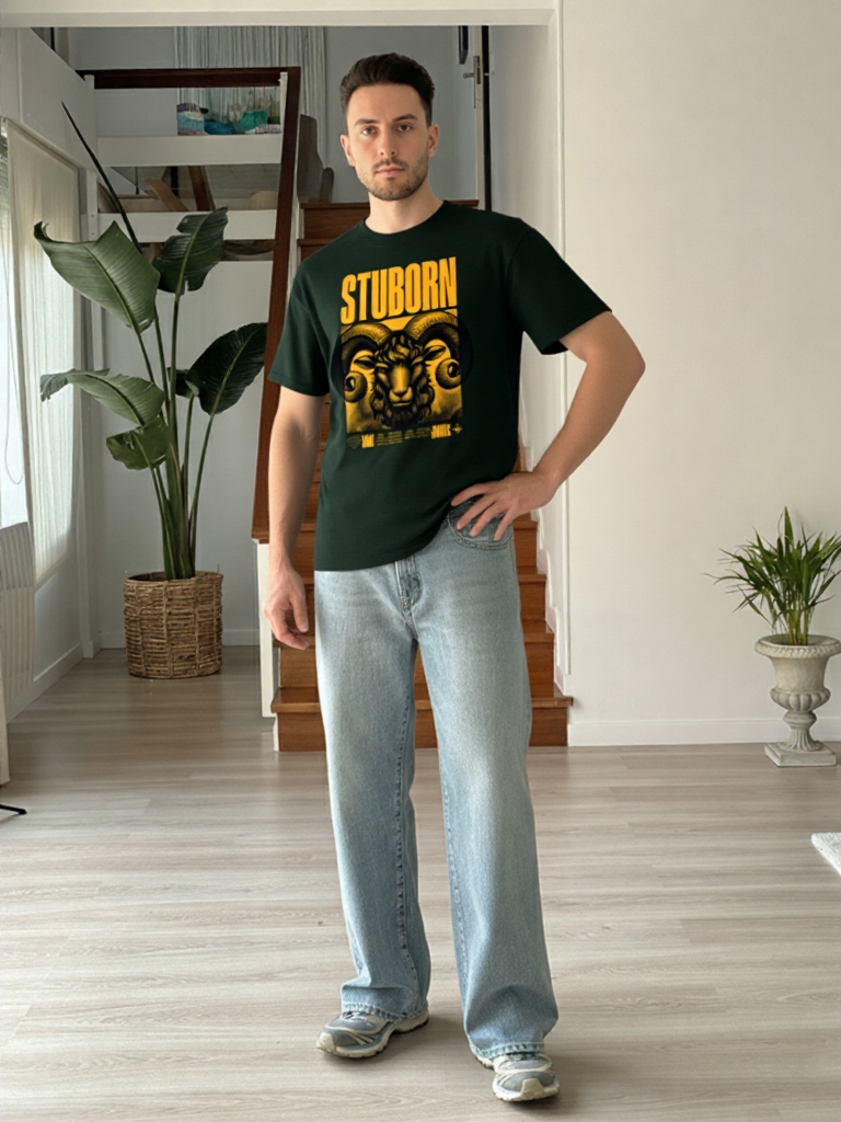 GenZudio “Stubborn Aries” Premium Oversized Zodiac Graphic Tee – Bottle Green