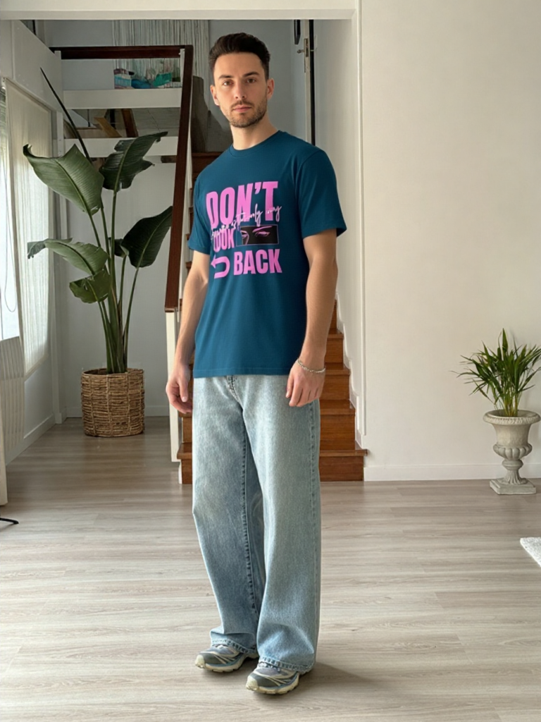 GenZudio “Don’t Look Back” Neon Pink Typography Oversized T-Shirt for Men – Navy Blue
