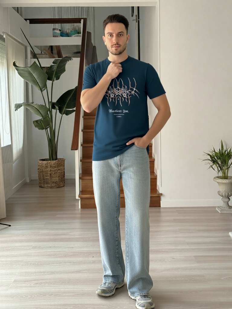 GenZudio “Warbiere Inc.” Metalcore Abstract Spine Graphic Oversized T-Shirt for Men – Navy Blue