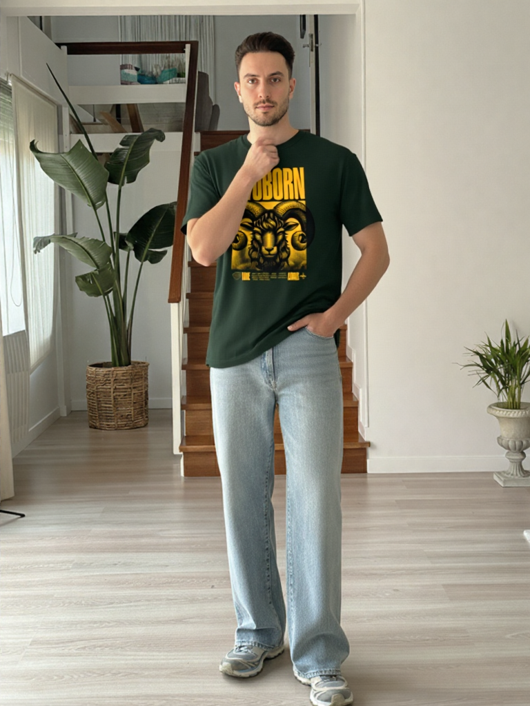 GenZudio “Stubborn Aries” Premium Oversized Zodiac Graphic Tee – Bottle Green