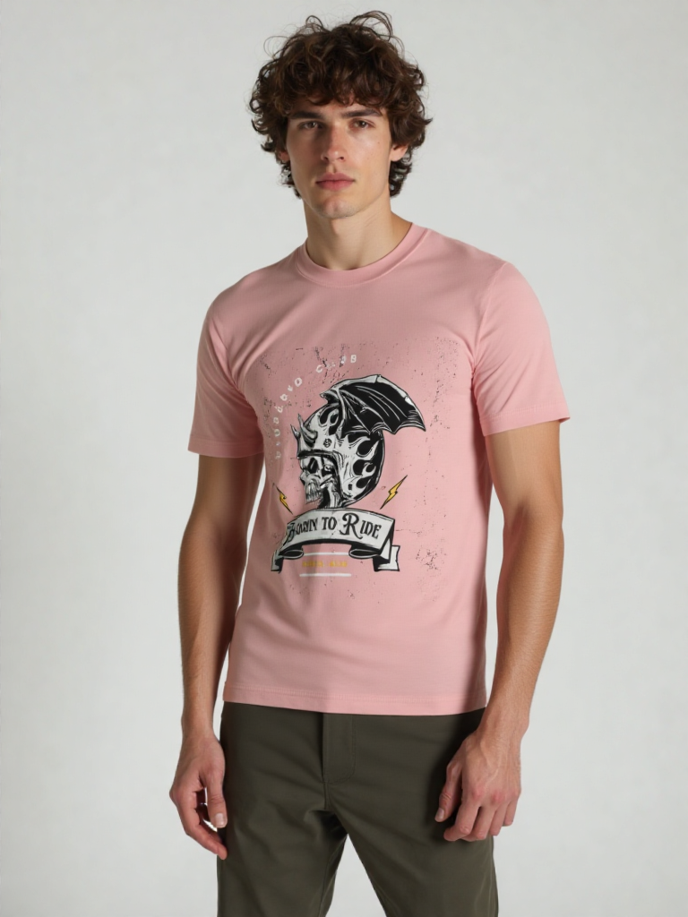GenZudio “Born to Ride” Skull Rider Graphic Men’s T-Shirt – Pastel Dusty