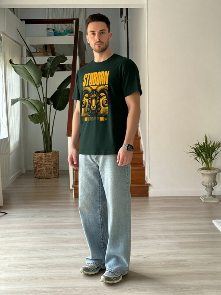 GenZudio “Stubborn Aries” Premium Oversized Zodiac Graphic Tee – Bottle Green