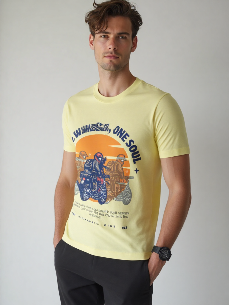 GenZudio “Two Wheels, One Soul” Men’s Biker Graphic T-Shirt – Butter Yellow