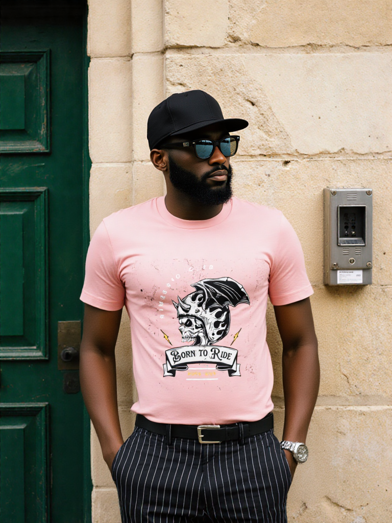 GenZudio “Born to Ride” Skull Rider Graphic Men’s T-Shirt – Pastel Dusty