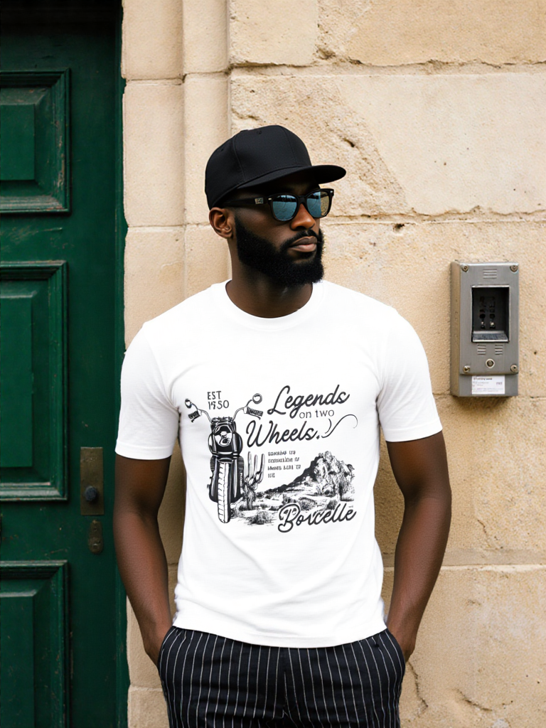 GenZudio “Legends on Two Wheels” Vintage Motorcycle Graphic Men’s T-Shirt – White