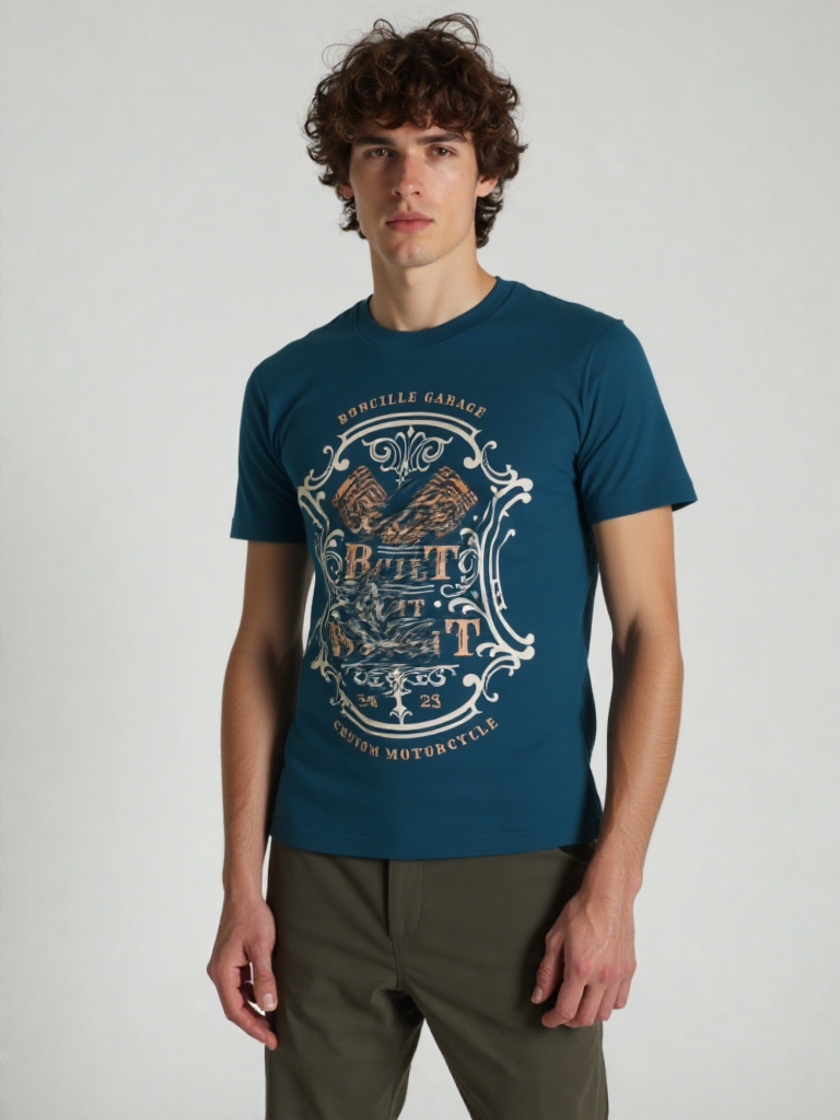 GenZudio “Built Not Bought” Vintage Biker Graphic Men’s T-Shirt – Steel Blue