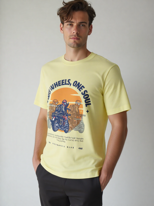 GenZudio “Two Wheels, One Soul” Men’s Biker Graphic T-Shirt – Butter Yellow