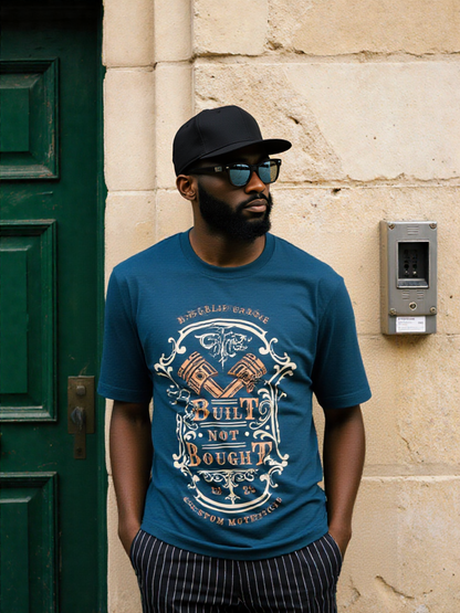 GenZudio “Built Not Bought” Vintage Biker Graphic Men’s T-Shirt – Steel Blue