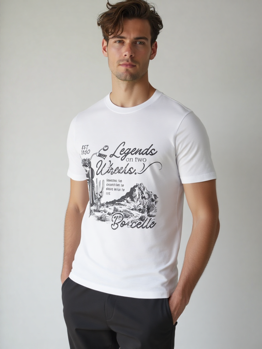 GenZudio “Legends on Two Wheels” Vintage Motorcycle Graphic Men’s T-Shirt – White