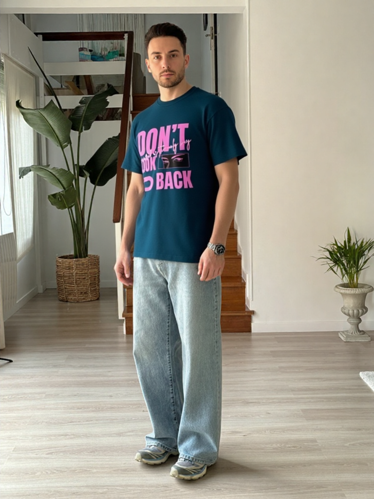 GenZudio “Don’t Look Back” Neon Pink Typography Oversized T-Shirt for Men – Navy Blue