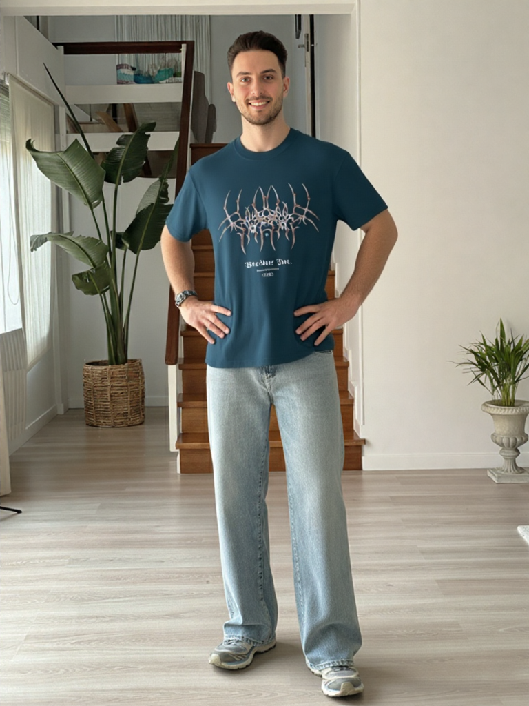 GenZudio “Warbiere Inc.” Metalcore Abstract Spine Graphic Oversized T-Shirt for Men – Navy Blue