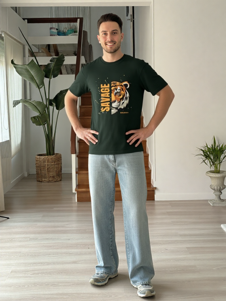 GenZudio “Savage Tiger” Half-Face Graphic Oversized T-Shirt for Men – Bottle Green