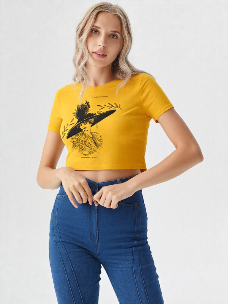 Vintage Elegance Sketch Print Women’s Crop Top – Timeless Art Fashion by GenZudio