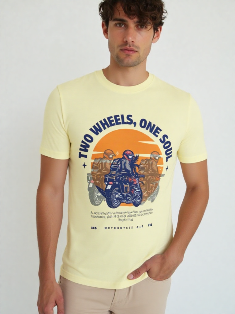 GenZudio “Two Wheels, One Soul” Men’s Biker Graphic T-Shirt – Butter Yellow