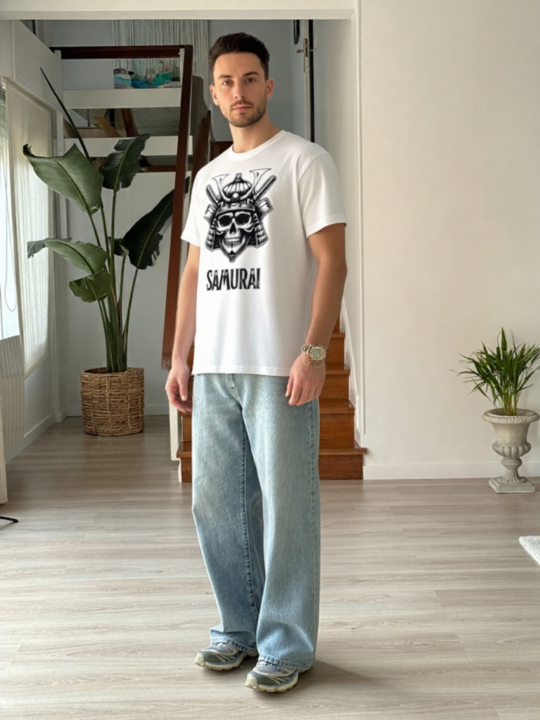 GenZudio “Samurai Skull” Premium Oversized Graphic Tee – White