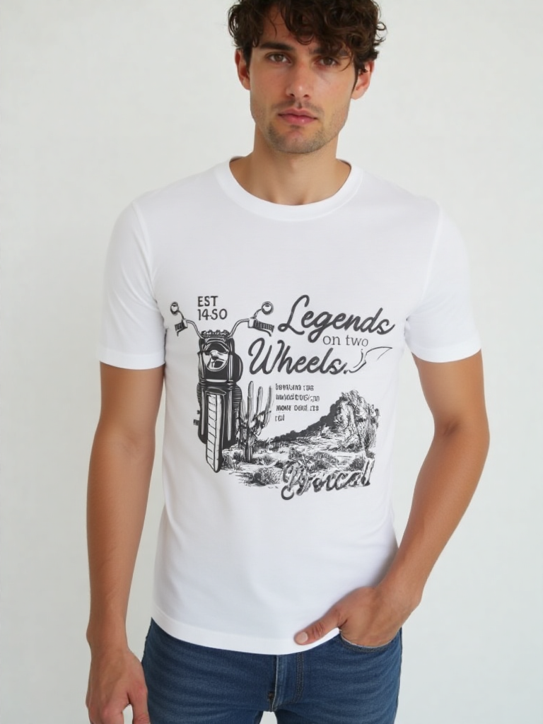 GenZudio “Legends on Two Wheels” Vintage Motorcycle Graphic Men’s T-Shirt – White