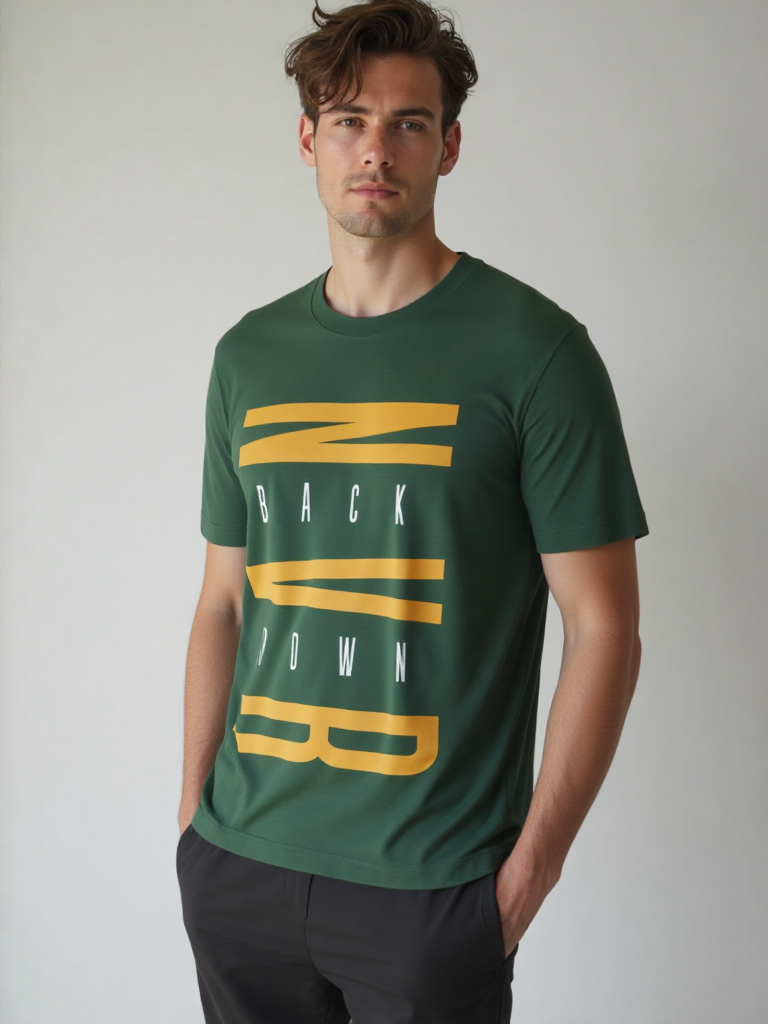 GenZudio “NVR Back Down” Vertical Motivational Graphic Men’s T-Shirt – Olive Green