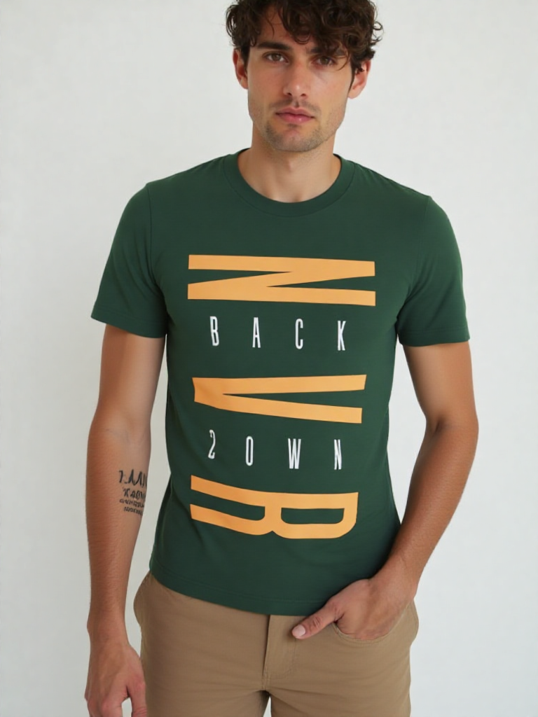 GenZudio “NVR Back Down” Vertical Motivational Graphic Men’s T-Shirt – Olive Green
