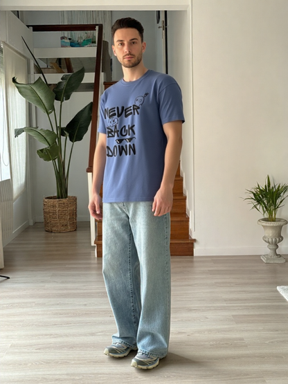 GenZudio “Never Back Down” Doodle Graphic Oversized T-Shirt for Men – Steel Grey