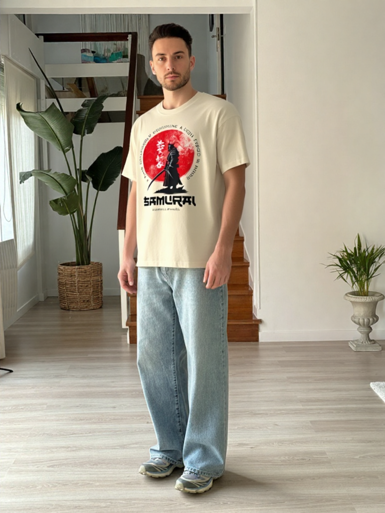 GenZudio “Samurai Spirit” Japanese Warrior Graphic Oversized T-Shirt for Men – Off White
